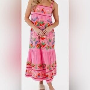 J Marie Landon Midi Dress Hot Pink Embroidered Boho NWT Size L